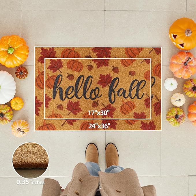 Hello Fall Pumpkin Door Mat Autumn Welcome Mat for Front Door Outdoor Entrance Doormat Coir Dirt Trapper with Non Slip Backing,17x30, Maple Leaves