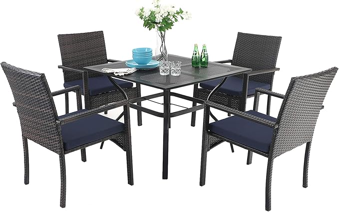 Sophia & William Outdoor Patio 5 Pieces Dining Set with 4 Brown PE Rattan Chairs and 1 Metal Table Square, Modern Outdoor Dining Furniture with Seat Cushions for Poolside, Porch, Patio, Balcony