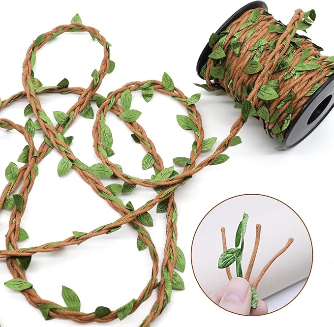 33ft Waxed Twine with Green Leaves, 3-ply Waxed Cord, Artificial Leaves Waxed String for Crafts and Decor (Light Brown Waxed Twine)