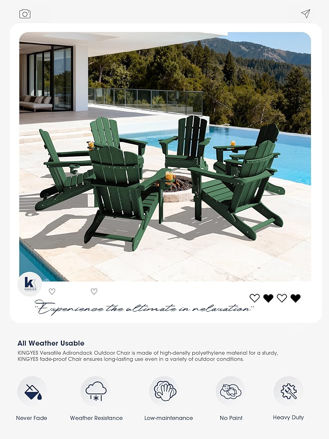 KINGYES Folding Adirondack Chair Set of 4, HDPE All-Weather Folding Adirondack Chair, Green
