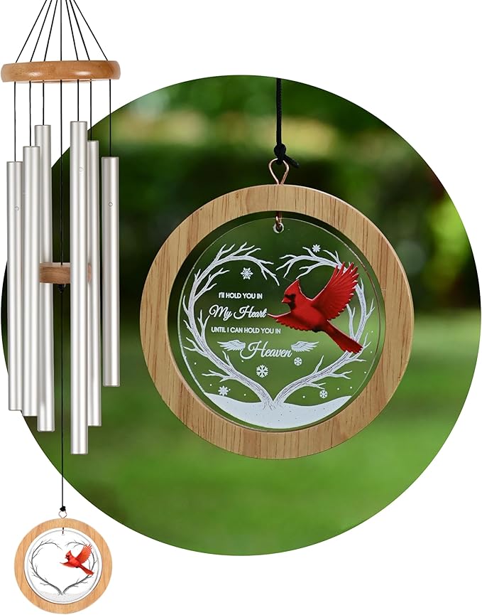 Wind Chimes for Outside, Wind Chimes Outdoor Clearance, Deep Tone Outdoors, Cardinal Wind Chime, Memorial, Sympathy Gift, Patio, Porch, Home Décor, Modern, Acrylic Art, Silver (34" Cardinal)