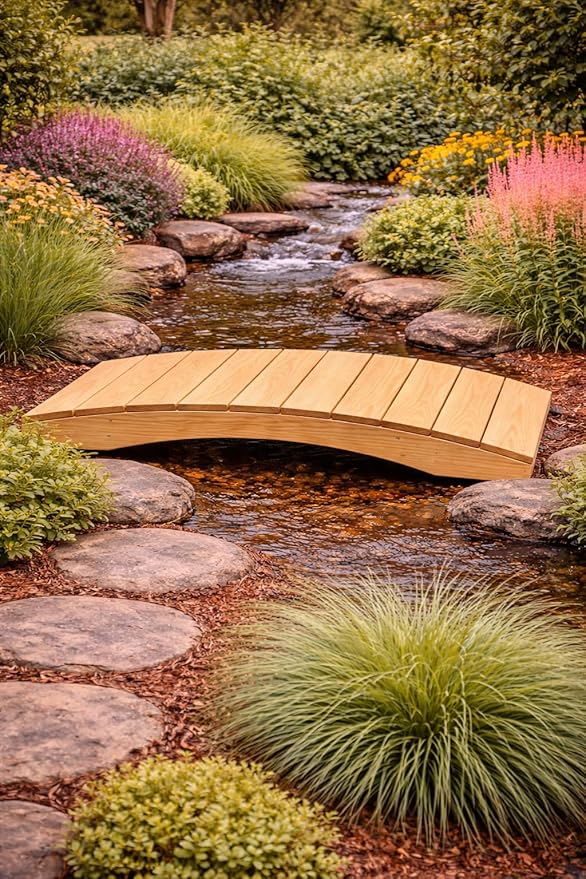 4 FT NATURAL Amish Made Pinewood Heavy Duty Garden Bridge for Walkway, Backyard Pond & Landscaping, Outdoor Wooden Footbridge for Koi Pond, Japanese Style Decorative Bridge, Made in USA