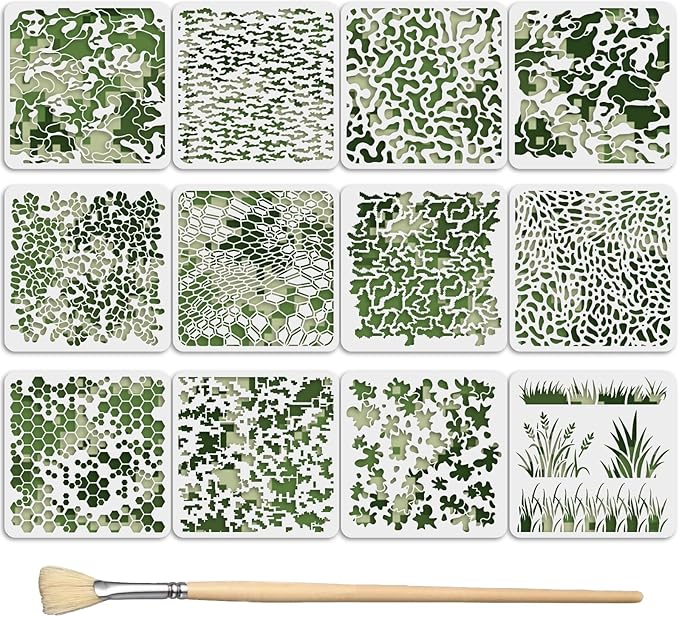 12PCS Camo Stencils for Spray Paint 12 x 12 Inch Camouflage Stencils with Brushes Grass Pattern Stencil Reusable Camo Paint Stencil for Paper Fabric Furniture Wall