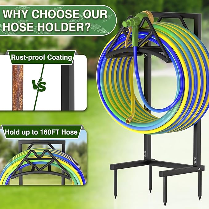 New Garden Hose Holder, Heavy Duty Freestanding Water Hose Holder Stand Holds 160-feet Hose, Detachable Hose Storage Reels Hanger Rack for Outside Yard Lawn Farm