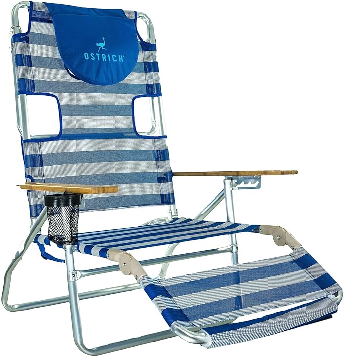 Ostrich 3-in-1 Chair For Relaxing, Beach For Arm Rest, Head Support, Adjustable Lumbar, Aluminum, Striped