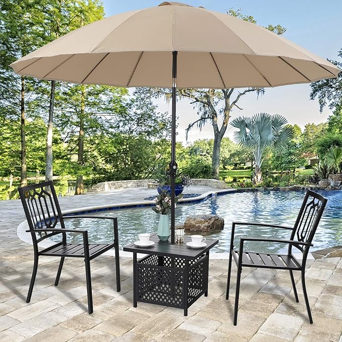 PHI VILLA 3 Piece Outdoor Bistro Set for 2, 22" Metal Steel Square Table with Umbrella Hole & Stacking Iron Chairs, Small Furniture Conversation Set for Porch, Deck, Balcony,Patio, Yard - Black