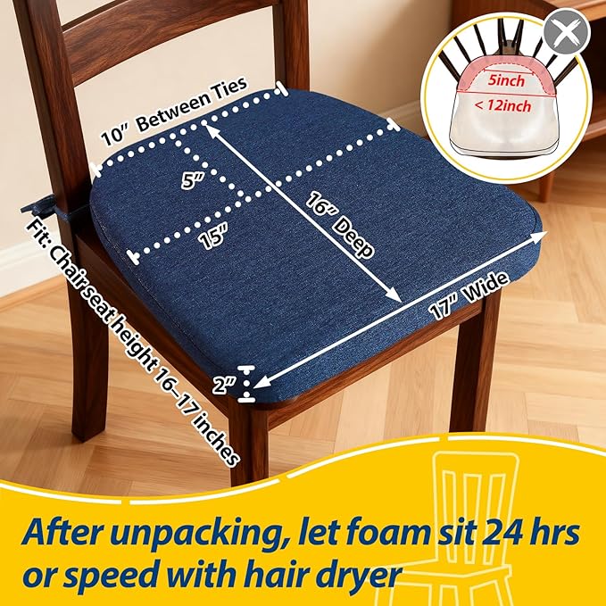 AAAAAcessories D-Shaped Chair Cushions, 2" Thick Dining Chair Pads with Ties and Removable, Machine-Washable Cover, 17" x 16", Set of 8, Blue