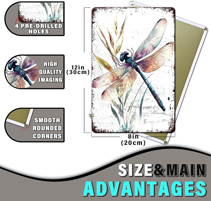 Dragonfly Garden Decor Watercolor Dragonfly Metal Tin Sign Vintage Wall Art for Home Decor Patio Garden Outdoor & Indoor Nature Inspired 8x12inch