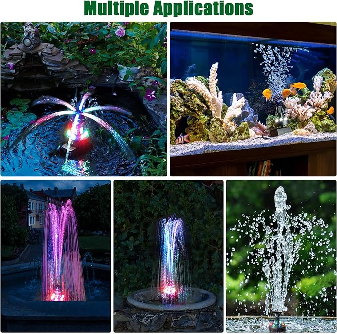 SZMP Bird Bath Fountains, Upgraded 24-Hours Working Bird Bath Fountain Pump with Light & 7 Nozzle, 16.4Ft Power Cord & Adapter, Adjustable Water Pump for Garden, Fish Tank, Outdoor (Colorful)