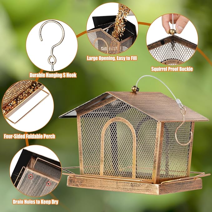 LBTING Bird Feeder for Outside, Metal House-Shaped Bird Feeder, Squirrel Proof Wild Bird Feeders for Hanging Outdoor Garden Yard - Gold