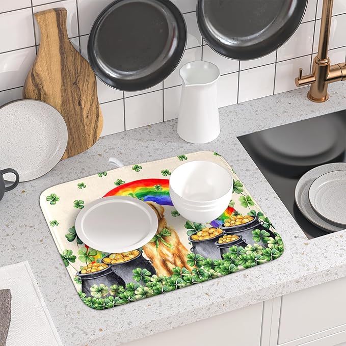 St Patricks Day Drying Mat Samll Lucky Clovers Green Kitchen Decor Counter Mats for Dog Lover