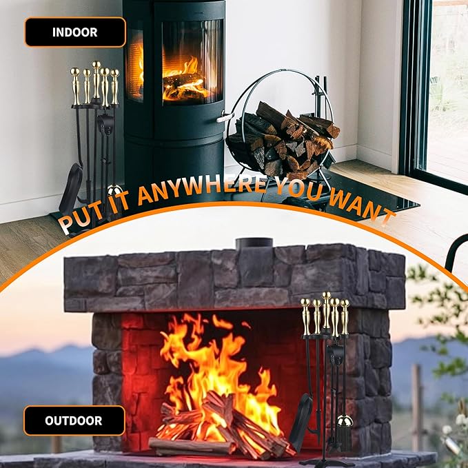 5-Piece Fireplace Tools Set with Stand – Wrought Iron Fire Pit Tool Kit with Poker, Tongs, Shovel, Brush & Heavy-Duty Base for Indoor or Outdoor Fireplaces (Black)