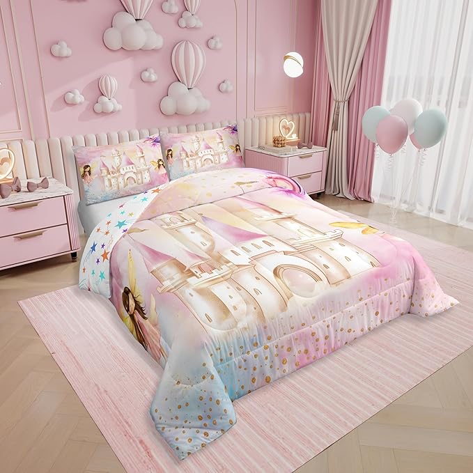 Erosebridal Princess Twin Bedding Sets for Girls,Pink Castle Fairy Comforter Set Kids Bedroom Decor,Dreamy Princess Bed Set,Fairy Garden Coquette Comforter Reversible with 1 Pillowcase,Ultra Soft