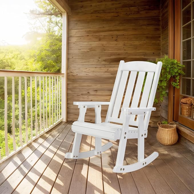 VINGLI Outdoor Rocking Chair, Heavy Duty 600 LBS Wooden Rocking Bench with Comfortable Backrest, Weatherproof Patio Rocker with Ergonomic Design, Wood Rocking Chair for Patio, Garden (White, 2 PCS)