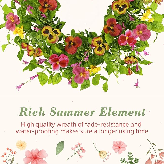 YNYLCHMX 18" Spring Summer Wreaths for Front Door, Artificial Floral Wreath with Ivy Leaves Daisies Pansies Rose Leaves, Green Foliage Wreath for Wall Window Farmhouse Party Holiday Home Decor