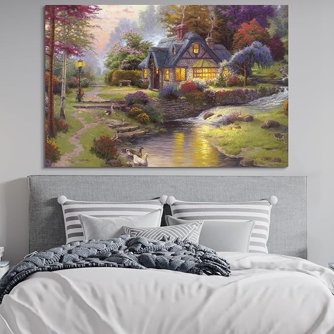 STUDIO HAVEN Thomas Kinkade Canvas Wall Art, Riverfront Cottage Stream with Ducks Stone Path Flower Garden Warm Lights Oil Painting Poster Rustic Wall Decor, Framed Prints for Home Decor, 48x32Inch
