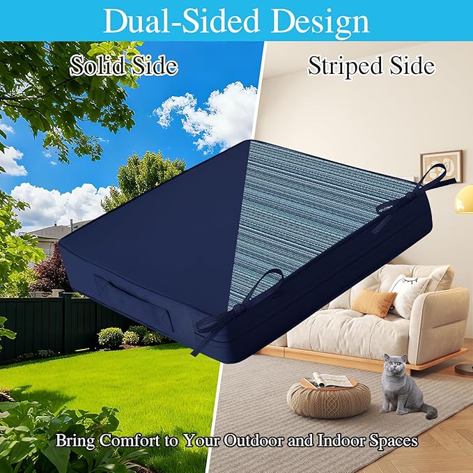 Amagenix Outdoor Chair Cushions Set of 2, 22"x22"x3" Waterproof Outdoor Seat Cushions for Patio Furniture, Stripe Reversible Patio Cushions with Ties & Handle & Hidden Zipper, Fade-Resistant,Navy Blue