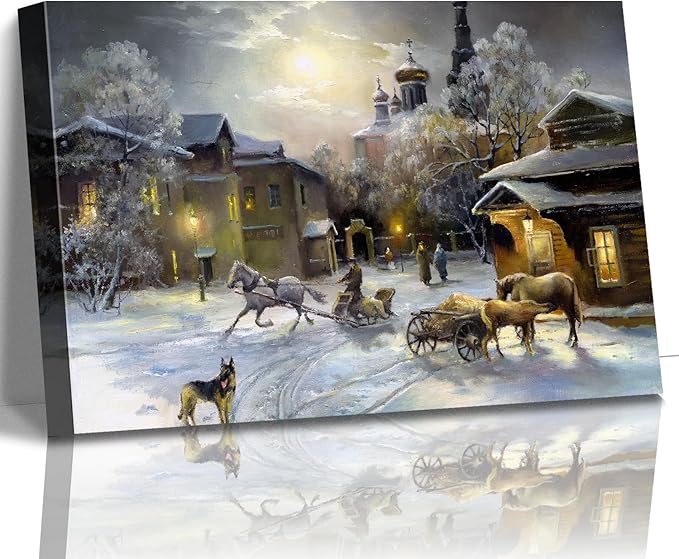 STUDIO HAVEN Thomas Kinkade Canvas Wall Art, Winter Village Moonlit Scene Horse-Drawn Sleigh and Dog Oil Painting Poster Rustic Wall Decor, Framed Prints for Home Decor, 36x24Inch