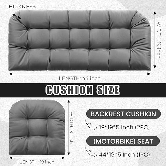 Barydat 3 Pack Wicker Furniture Cushions Waterproof Outdoor/Indoor Tufted Wicker Chair Cushions 1 Loveseat and 2 U-Shape Rattan Chairs for Patio Furniture, Rattan Love Seat, Bench(Gray)