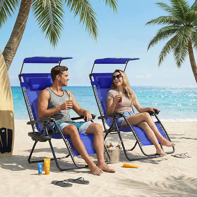 Magshion Zero Gravity Chair with Canopy Set of 2, Reclining Outdoor Patio Lounge Chair, Folding Anti Gravity Recliner, Portable Lounger with Removable Cup Holder Side Tray and Pillow Headrest (Blue)