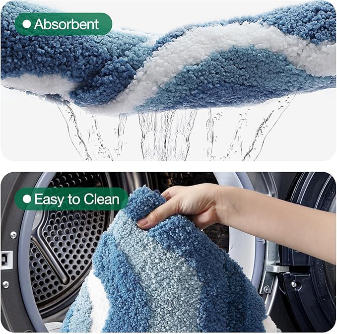 LUMI Absorbent Bathroom Rug Non Slip Rubber Backing, Machine Washable Wave Bath Mat Soft Premium Microfiber, Beach Bath Rugs Quick Dry for Bathtub and Shower Floor, 16"x24"