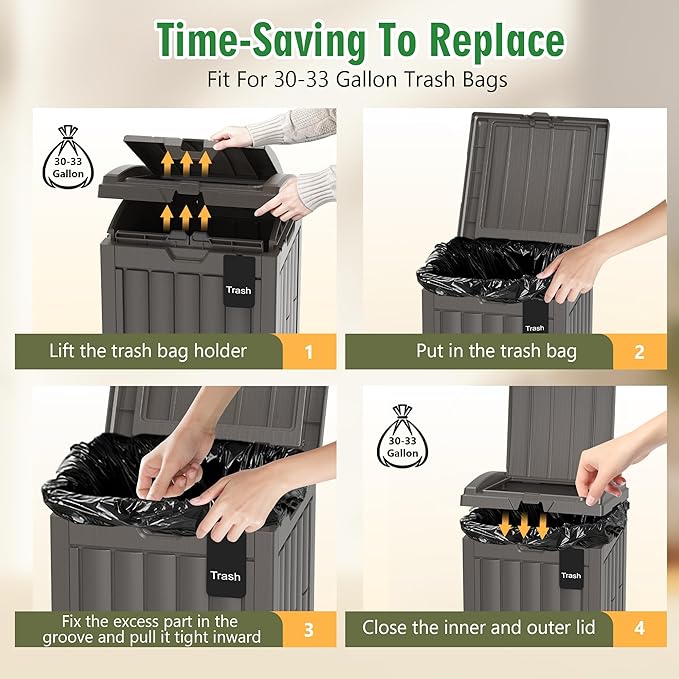 Outdoor Trash Can, 30 Gallon Garbage Can with Tiered Lid and Drip Tray, Waterproof Resin Waste Bin for Patio, Garden, Backyard, Deck, Brown