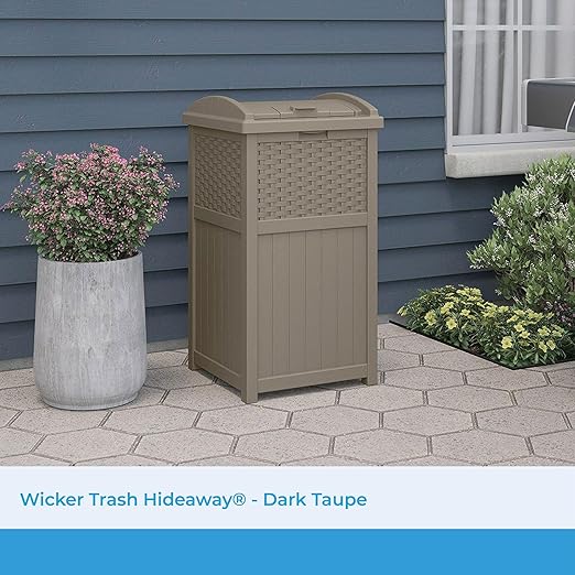 Suncast Hideaway Outdoor Trash Can with Lid - 30 Gallon Trash Can, Dark Taupe, Decorative Wicker-Style Garbage Bin, Weather-Resistant Resin, Fits 30-33 Gallon Bags, Ideal for Patio & Yard, Made in USA