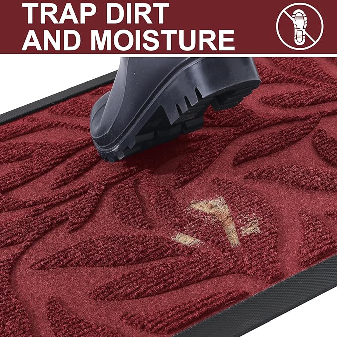Smiry Front Door Mat Indoor Outdoor Entrance, Heavy Duty Natural Rubber, Trap Dirt and Moisture, Non-Slip Doormats, Low Profile, Easy Clean Patio Porch Entryway Mat, 47x34, Wine Red