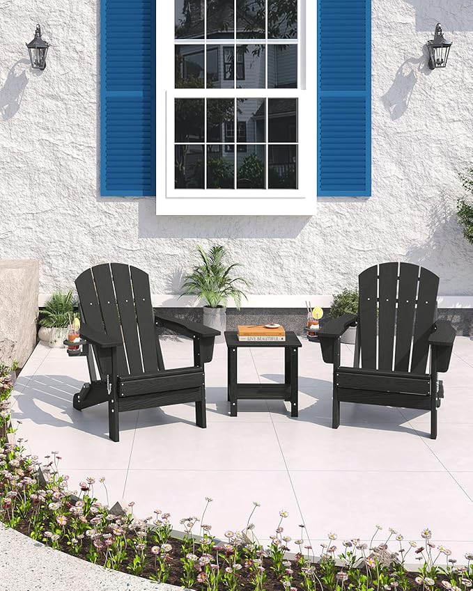 Folding Adirondack Chair Set of 2 with Ottoman, All-Weather HDPE Outdoor Chair, Wooden Textured with Cup Holder for patios, Decks, Gardens, fire pits, Black