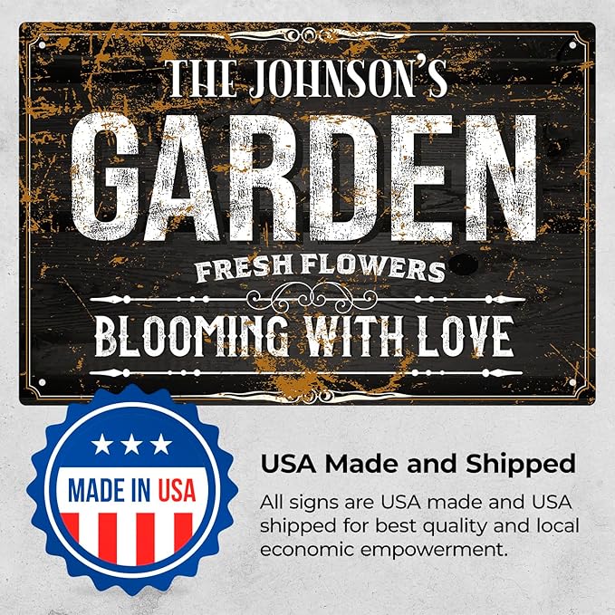 Custom Garden Blooming with Love Sign, Personalized Name for Backyard/Flower Garden Décor Sign, 12x18 Inches, Rust Free .063 Aluminum, Fade Resistant, Made in USA by Sigo Signs