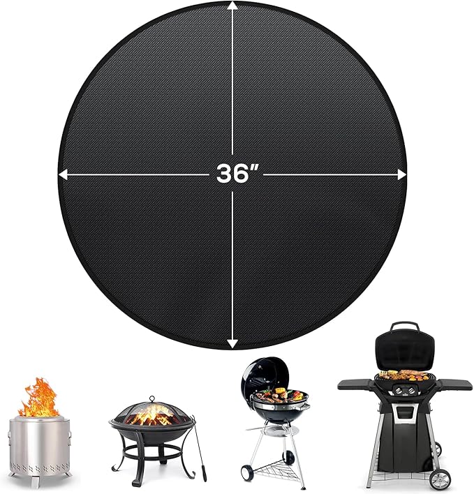 36'' Fire Pit Mat for Solo Stove Bonfire, Round Fireproof Under Grill Mat, Oil-Proof Waterproof BBQ Pad for Deck Patio Grass Outdoor Grill Accessories, Portable and Reusable, Glossy Black