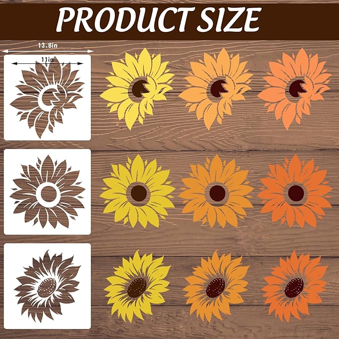 JarThenaAMCS 12Pcs Large Spring Sunflower Stencils Reusable Floral Daisy Plastic Drawing Templates for Summer DIY Crafts Painting on Wood Wall Garden Fence