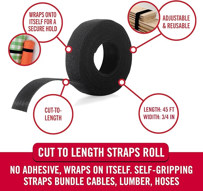 VELCRO Brand Cut to Length Straps Heavy Duty | 45 Ft x 3/4 in | ONE-WRAP Self-Gripping Double Sided Roll-| Bundling Ties Fasten to Themselves for Secure Hold,VEL-30834-AMS,Black,(Pack of 12)