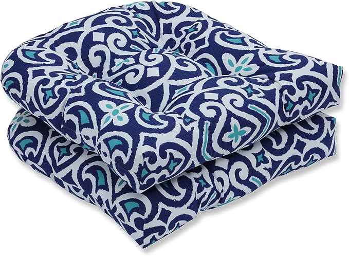 Pillow Perfect Damask Indoor/Outdoor Chair Seat Cushion, Tufted, Weather, and Fade Resistant, 19" x 19", Blue/White New Damask, 2 Count
