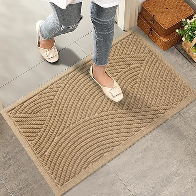 Sturdy Front Door Mat, Absorbent Muddy Dirt Resist Welcome Door Mats Outdoor Indoor, Stain and Fade Resistant, Non-Slip Backing Entry Mat Low Profile Doormat for Entryway, 36×24, Beige