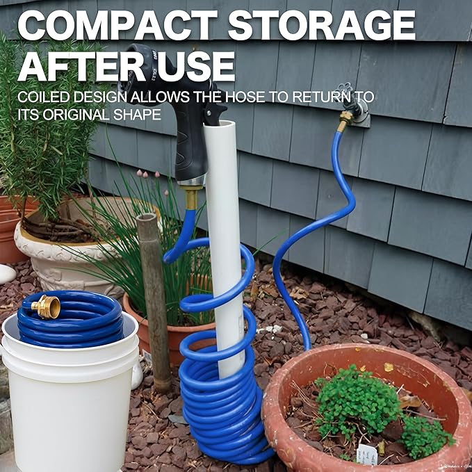 EVA Coil Garden Hose for Gardener: Retractable Self Coiling Hoses with 3/4" GHT Solid Brass Fittings - Kink Free and Flexible for Home and Garden Yard (25FT, Blue)