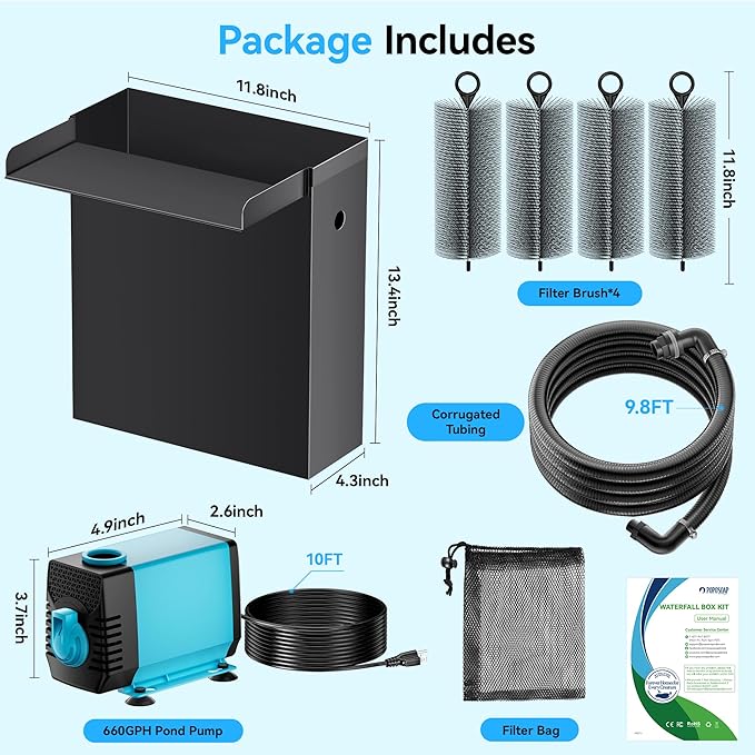 POPOSOAP Pond Waterfall Spillway with 660GPH Pump Kit, 304 Stainless Steel Waterfall with Filtration &9.8FT Corrugated Tubing Outdoor Fountain Kit for Garden, Koi Pond, Backyard,13.4" H x 12"W-P43H
