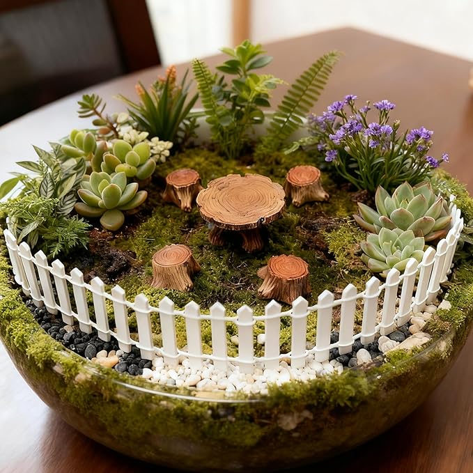 Fairy Garden Accessories, 35 Inch White Mini Fence & Outdoor Miniature Table and Chairs Set Resin Furniture Ornaments Kit Micro Landscape Decor for DIY Craft Gift Dollhouse Succulents Home Decoration