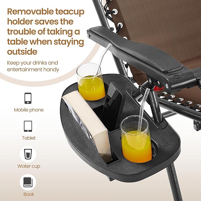 Yaheetech 26" Zero Gravity Recliners Outdoor Adjustable Folding Reclining Lounge Chairs w/Pillows, Cup Holder Trays and Carry Strap for Patio Backyard Beach Brown Set of 2