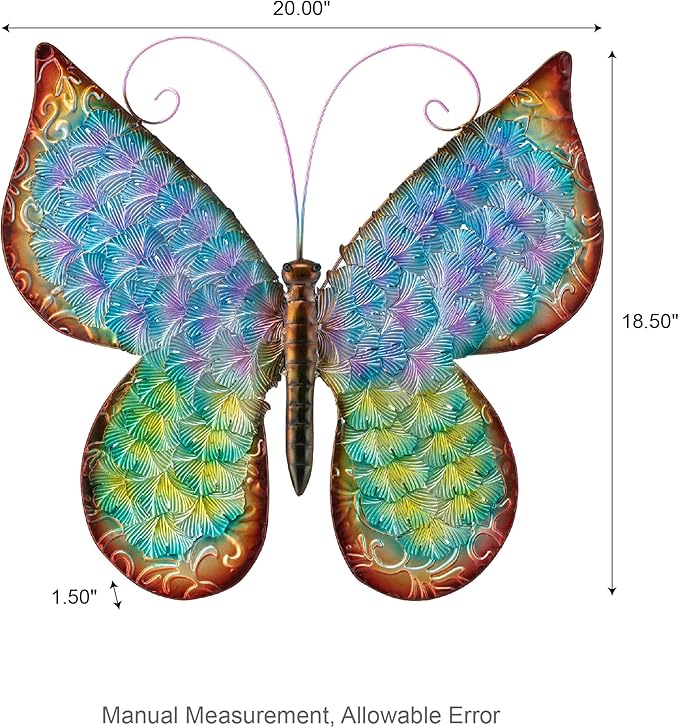 Glitzhome Metal Butterfly Wall Decor, 20 "H Colorful Metal Wall Art with Hand Painted Distressed Finish and 3D Embossed Texture, Outdoor Porch Patio Home Wall Accent