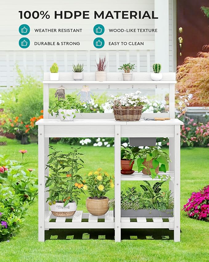 SERWALL Outdoor Potting Bench 2-Piece Set, Rot-Resistant HDPE Potting Table with Removable Sink for Outside Gardening, All-Weather Use - White
