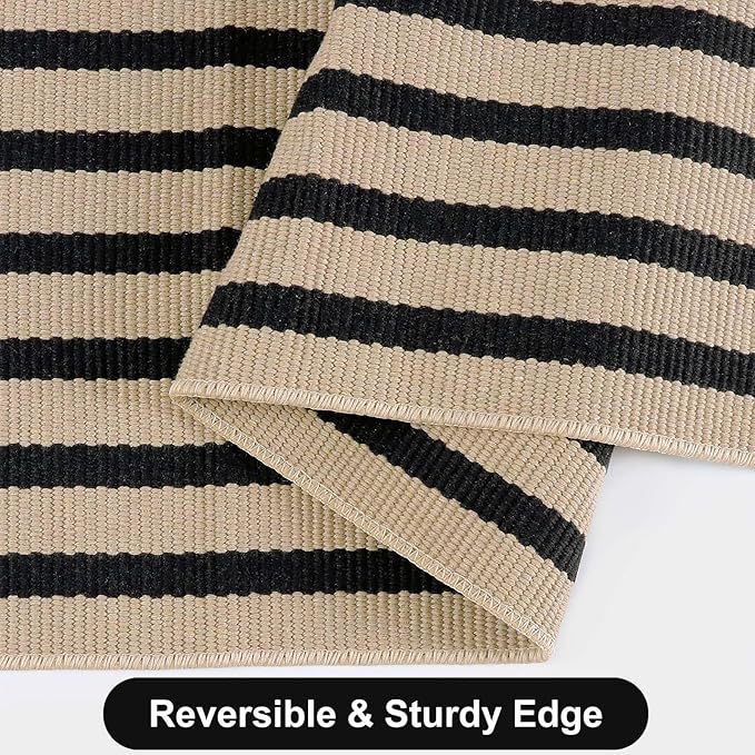 Outdoor Striped Rugs 3'x5', Black and Tan Cotton Hand Woven Front Door Mat,Washable Reversible Front Porch Rug, Foldable Layered Door Mats for Entryway/Home Entrance/Farmhouse