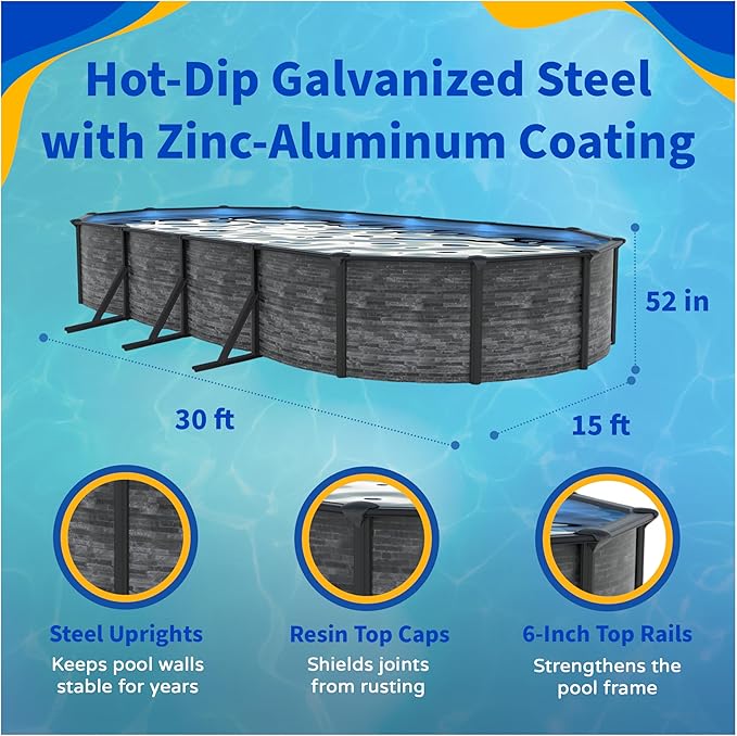 Blue Wave Marbella 15-ft x 30-ft Oval 52-in Deep Above Ground Swimming Pool – Steel Wall & Top Rails, Sand Filter, Skimmer, Liner, A-Frame Ladder & Maintenance Kit – Complete Outdoor Pool Accessories