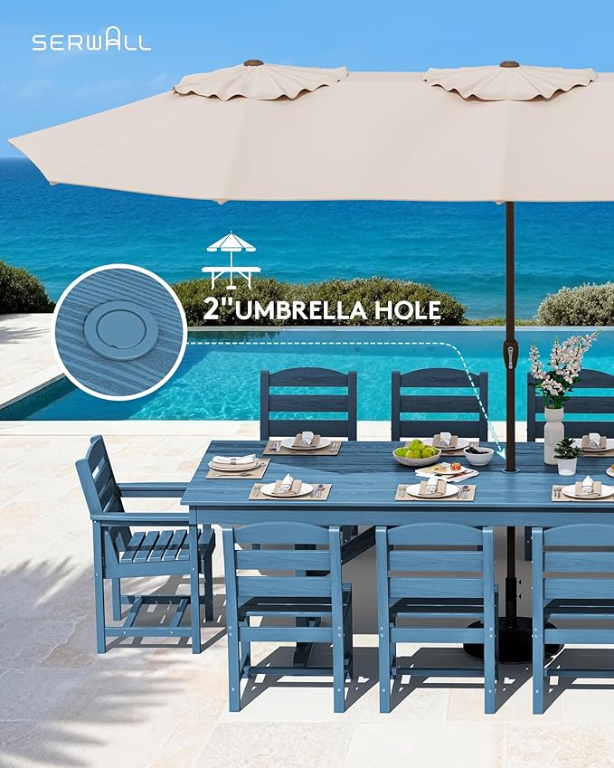 SERWALL 11 Piece Outdoor Dining Set, 84" HDPE Outdoor Table and Chairs for 10，All Weather Patio Furniture Set with Umbrella Hole for Backyard, Garden, Blue