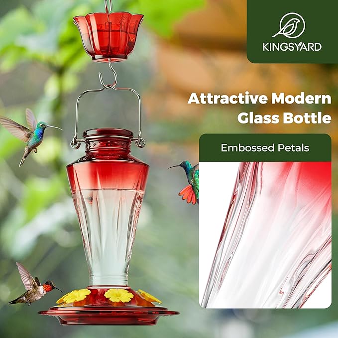 Kingsyard Glass Hummingbird Feeders for Outdoors Hanging Ant & Bee Proof, 16 Ounces Bird Nectar Feeder 6 Flower Feeding Ports, Leak Proof, Easy to Refill & Clean, Ant Moat Included, Red Gradient