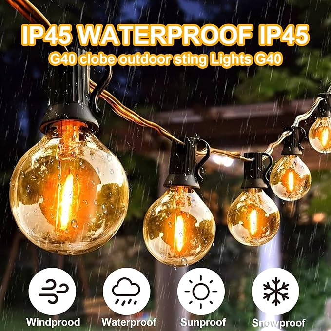 Outdoor String Lights with G40 Clear Globe Bulbs, Black Cord, Waterproof LED Edison Filament Decorative Lighting for Patio, Garden, Backyard (G40 Bulbs, 25FT)