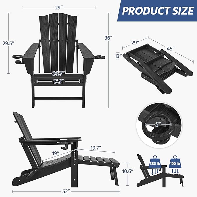 Yaheetech Adirondack Chair with Retractable Ottoman, All Weather Patio Folding Fire Pit Chair with Cup Holder and Phone Holder for Outdoor Poolside, Black