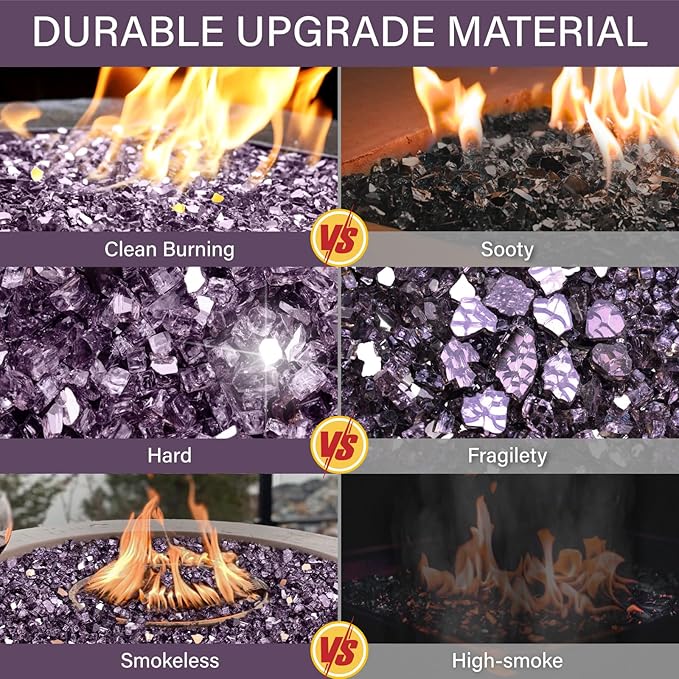 NUPICK 5 Pound Fire Glass, 1/4 Inch Reflective Fire Pit Glass, Tempered Firepit Glass Rock for Propane or Natural Gas, Glass Rocks for Fire Pit Table, Fireplace Glass for Landscaping, Violet