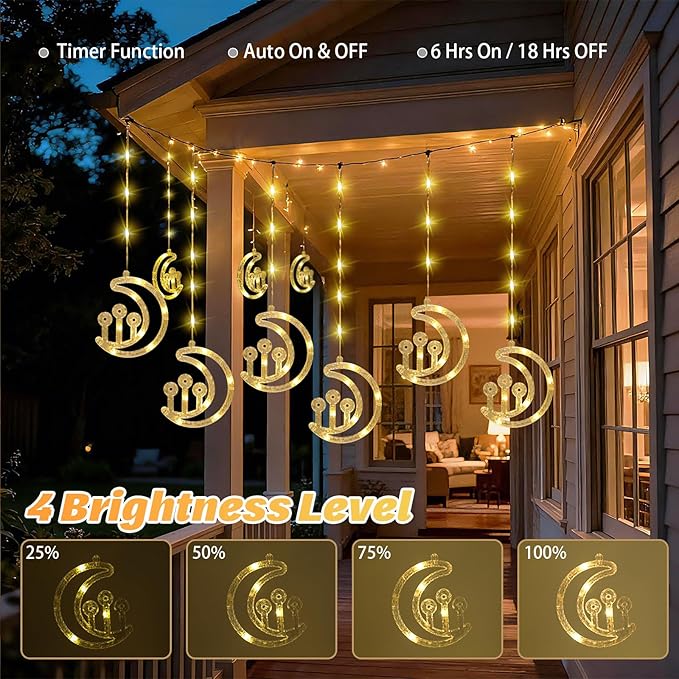 Vigdur Moon Ramadan Curtain Lights, 120 LEDs Warm White Eid Mubark Ramadan Curtain Fairy Lights with Remote & 8 Lighting Modes, Ramadan Decoration Lights for Home Holiday Eid Decorations(10FT)