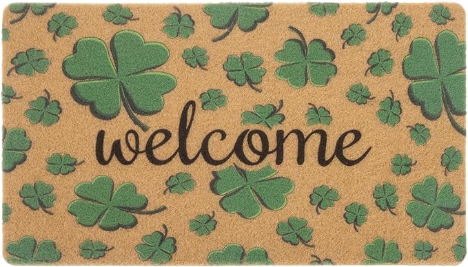 St. Patrick's-Day-Clovers-Welcome-Mats Outdoor-Entrance Green-Shamrock-Outdoor-Doormat Non Slip Coir Front Door Mat for Irish Home Decor 17" x 29"